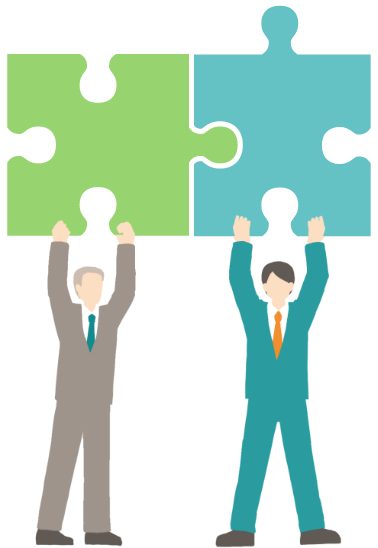スタッフと高齢のビジネスパーソンがパズルのピースを持っているイラスト