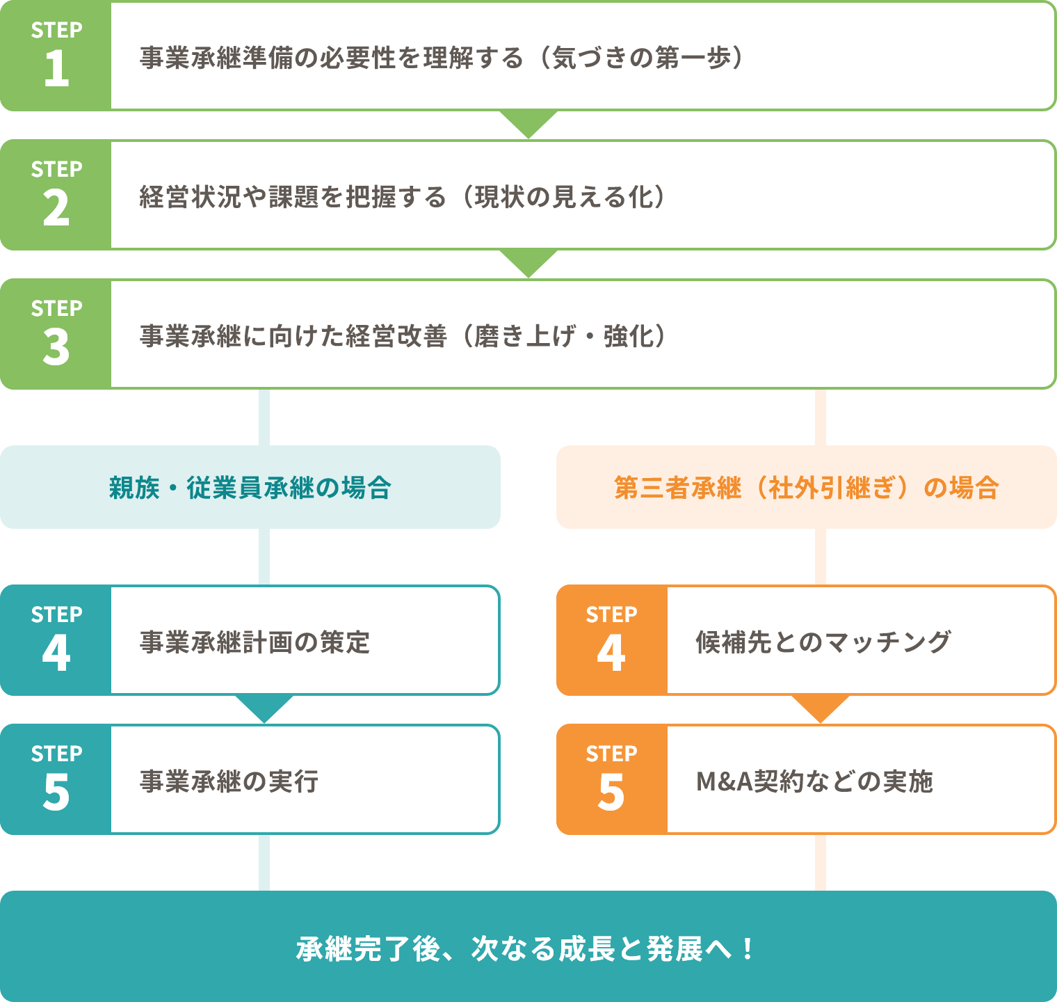 事業承継の準備から実行までのステップ。親族・従業員承継と第三者承継の流れを図示
